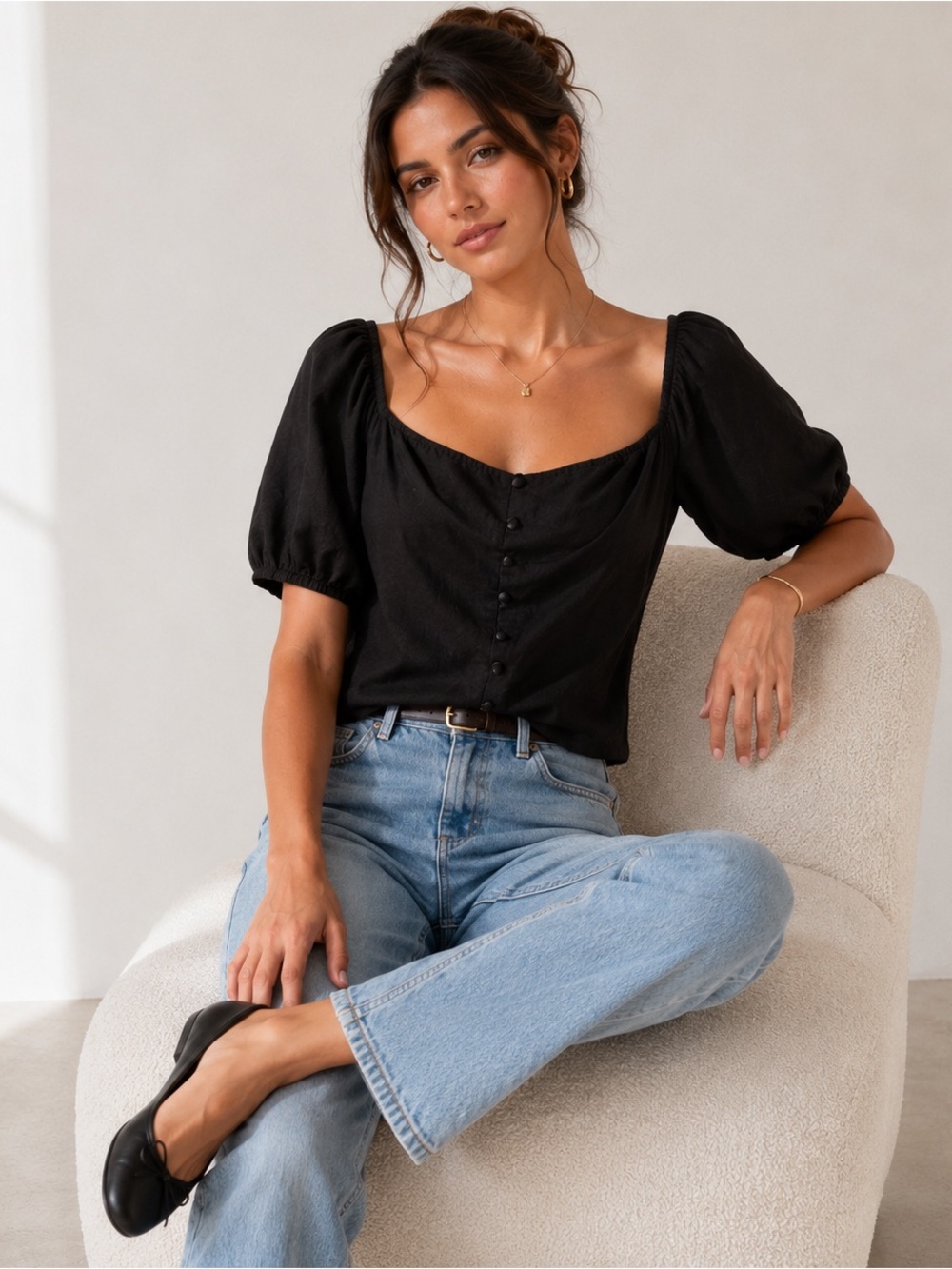 Rumer Black Puff Sleeve Linen Blend Blouse NWT Small